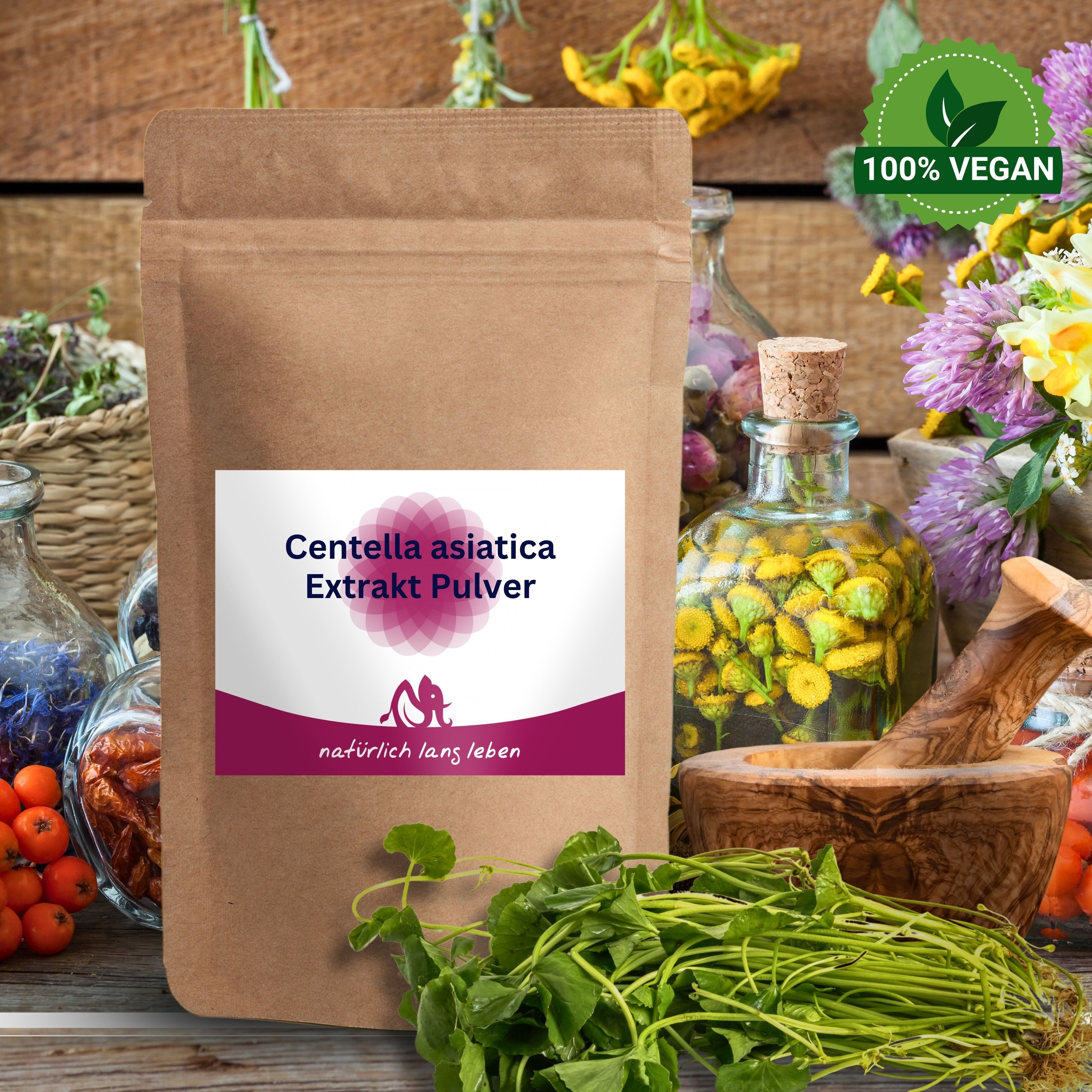 Braune Tüte mit Etikett. Aufschrift: Centella asiatica Extrakt Pulver. Logo: natürlich lang leben. Vegan-Siegel.