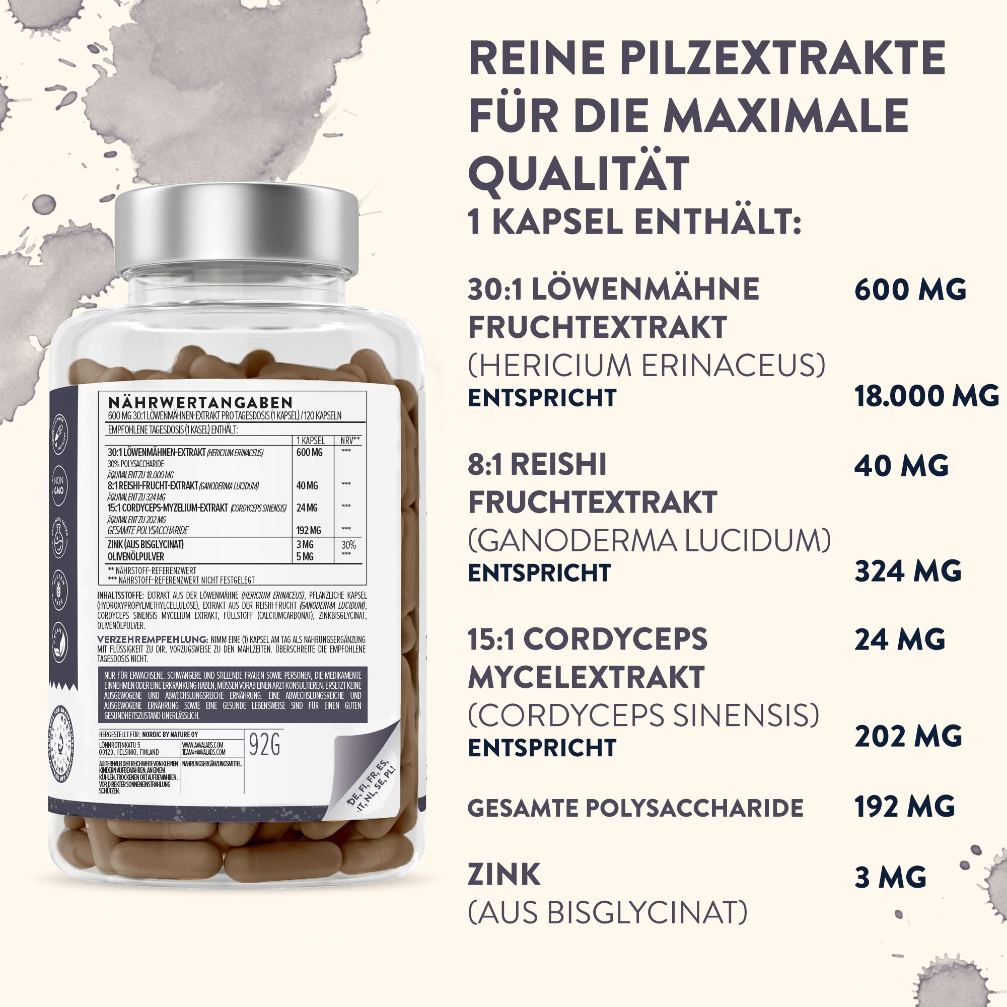 Produkt mit Illustrationen und Text. Enthält Informationen über Inhaltsstoffe und Vorteile. Marke: AAVALABS.