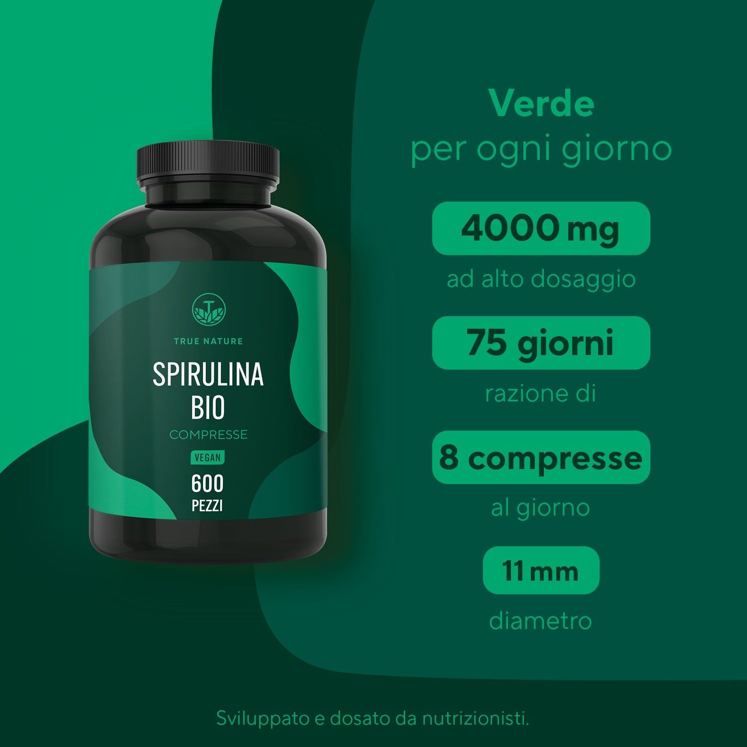 Flacone scuro con TRUE NATURE Spirulina Bio Compresse. Vegano, 600 Pezzi. Informazioni su dosaggio e ingredienti.