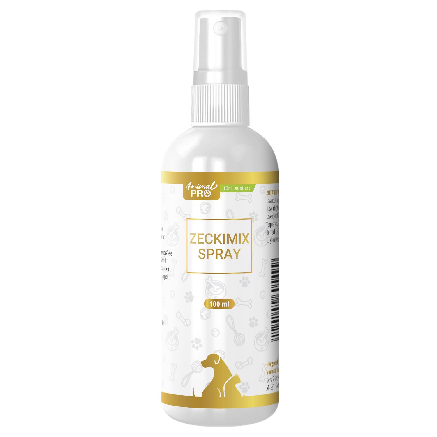 Zeckimix Spray, Animal Pro, für Haustiere. Weiße Sprühflasche mit goldfarbenen Akzenten. Produktname und Logo deutlich sichtbar. 100 ml.