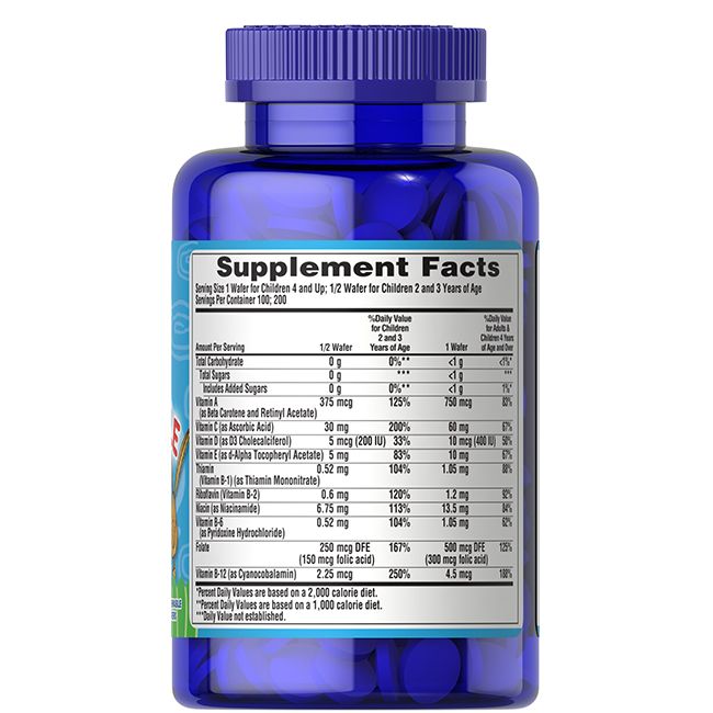 Rückseite der Puritan's Pride Pre-Vites Kinder Chewable Multivitamin-Flasche mit Nährwertangaben.