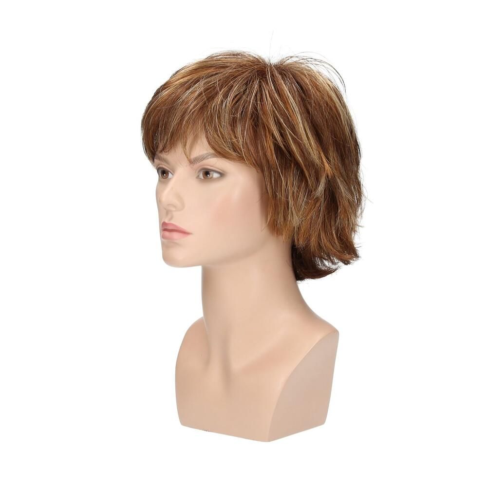 Perücke Sanja von trendhair. Kurzes, braunes Haar mit blonden Strähnen. Seitenansicht auf einer Büste.