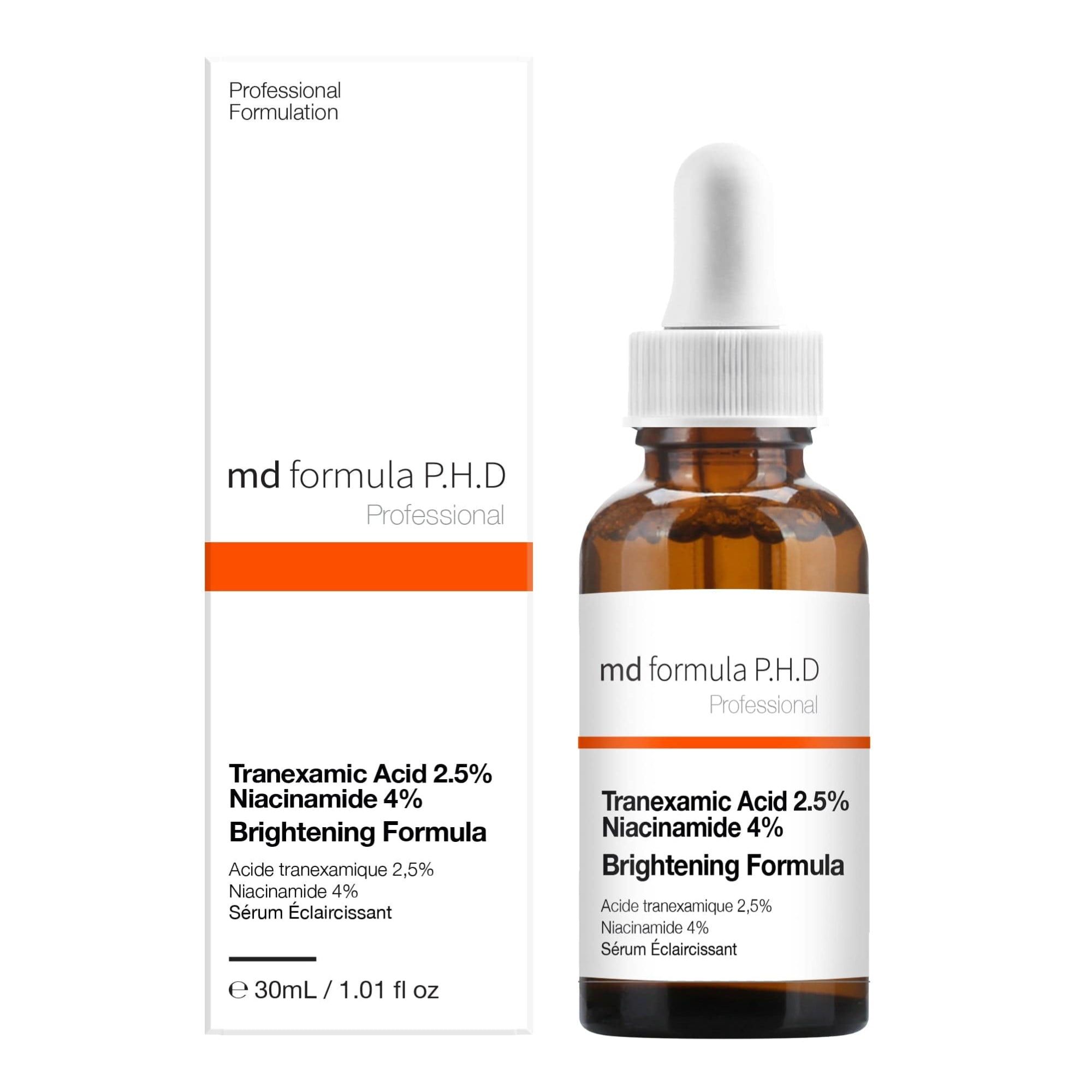 Produktflasche und Verpackung. Flasche mit Pipette. Verpackung mit Text: Tranexamsäure 2,5%, Niacinamid 4%. Marke: md formula P.H.D.