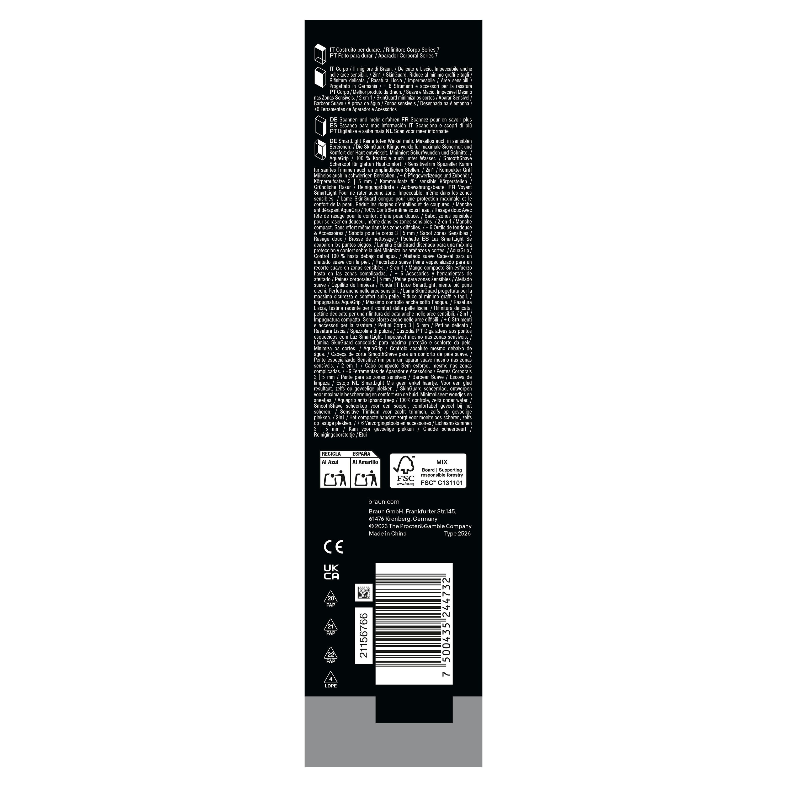 Rückseite der Verpackung. Text in mehreren Sprachen. Logos und Zertifizierungen. Barcode und Produktinformationen.