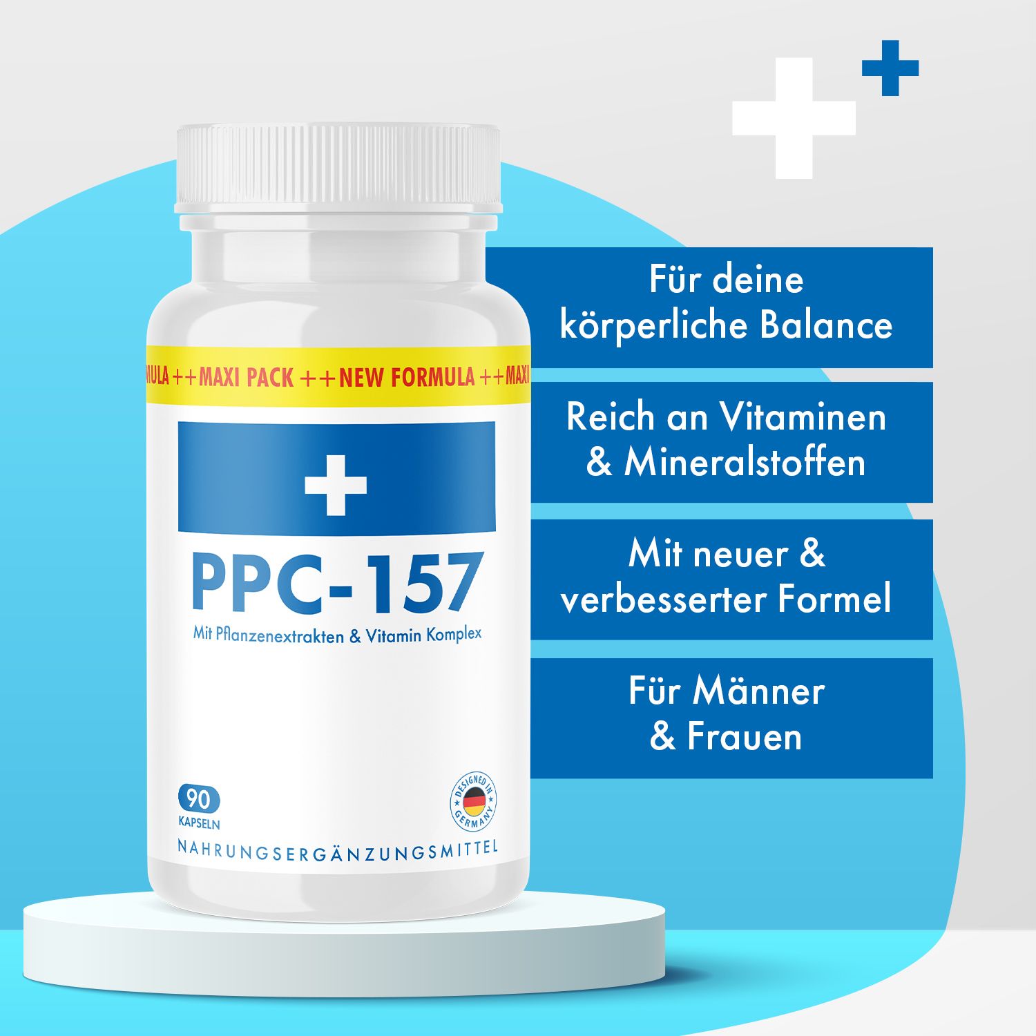 Weiße Flasche mit Kapseln, blaues Etikett mit Kreuz und Aufschrift PPC-157. Textboxen: körperliche Balance, Vitamine, verbesserte Formel.