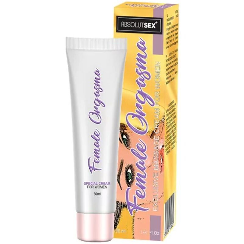 Creme-Tube mit Aufschrift Female Orgasma und Verpackung. Aufschrift: ABSOLUT SEX. 30ml.