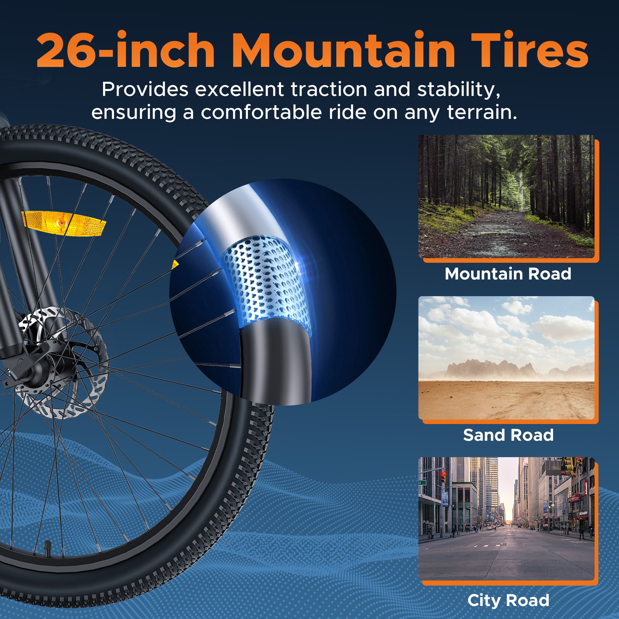 Nahaufnahme eines 26-Zoll-Reifens. Text: 26-Zoll-Mountainbike-Reifen. Illustrationen von Berg-, Sand- und Stadtstraßen.