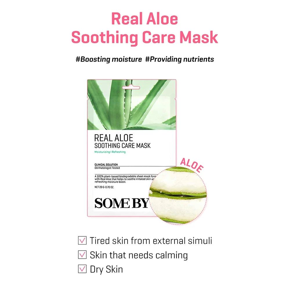 Verpackung der SOMEBYMI Real Aloe Soothing Care Mask. Text: Real Aloe Soothing Care Mask, #Boosting moisture #Providing nutrients.