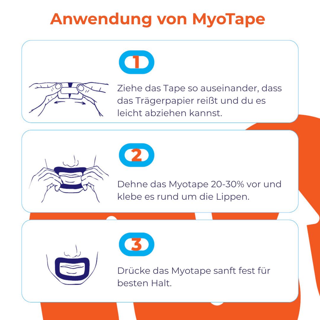 Anleitung zur Anwendung von Myotape: 3 Schritte zum Anbringen des Mundpflasters.