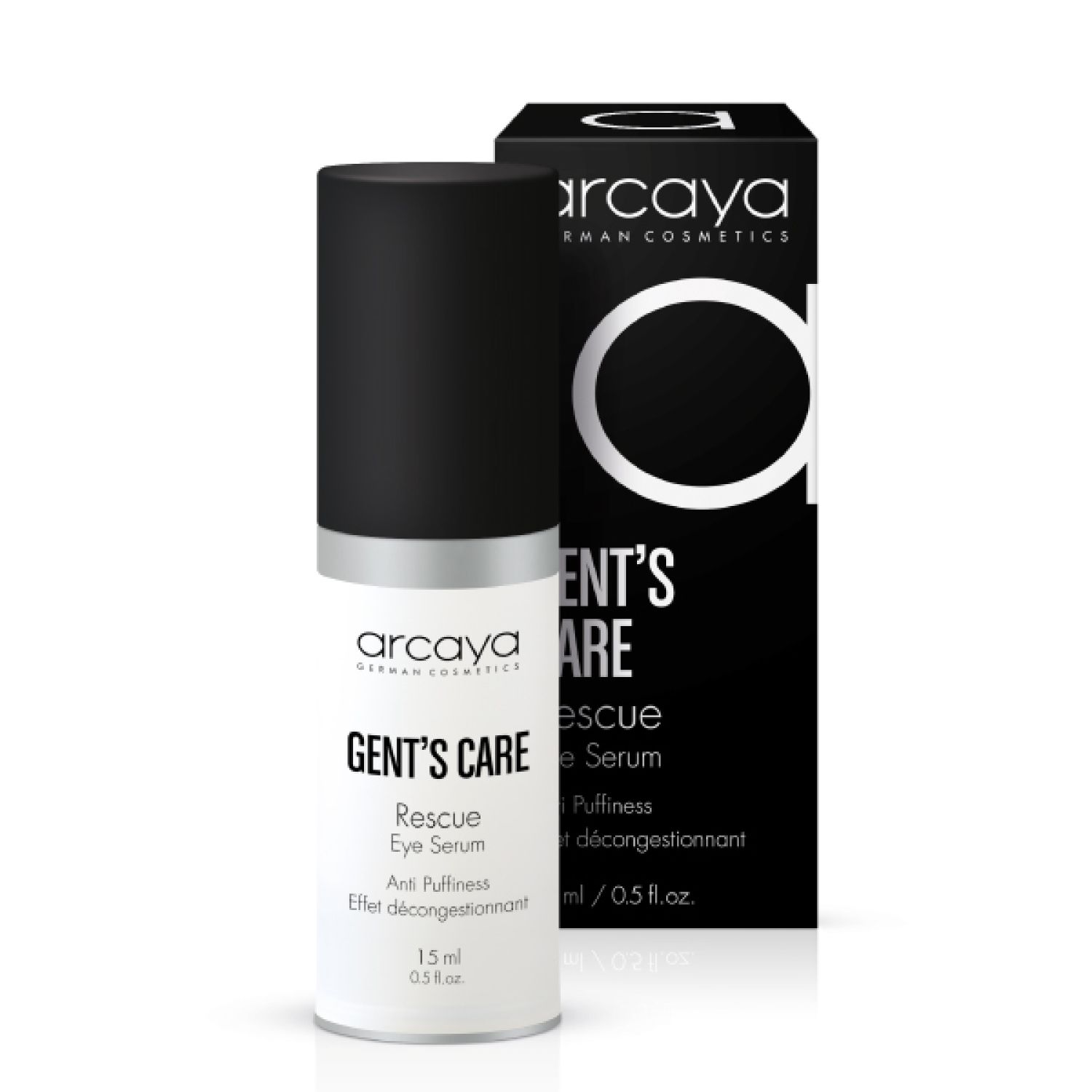 Augenserum-Flasche und Verpackung. Weißes Serum mit schwarzem Deckel. Schwarze Verpackung mit weißem Text. Marke: arcaya.