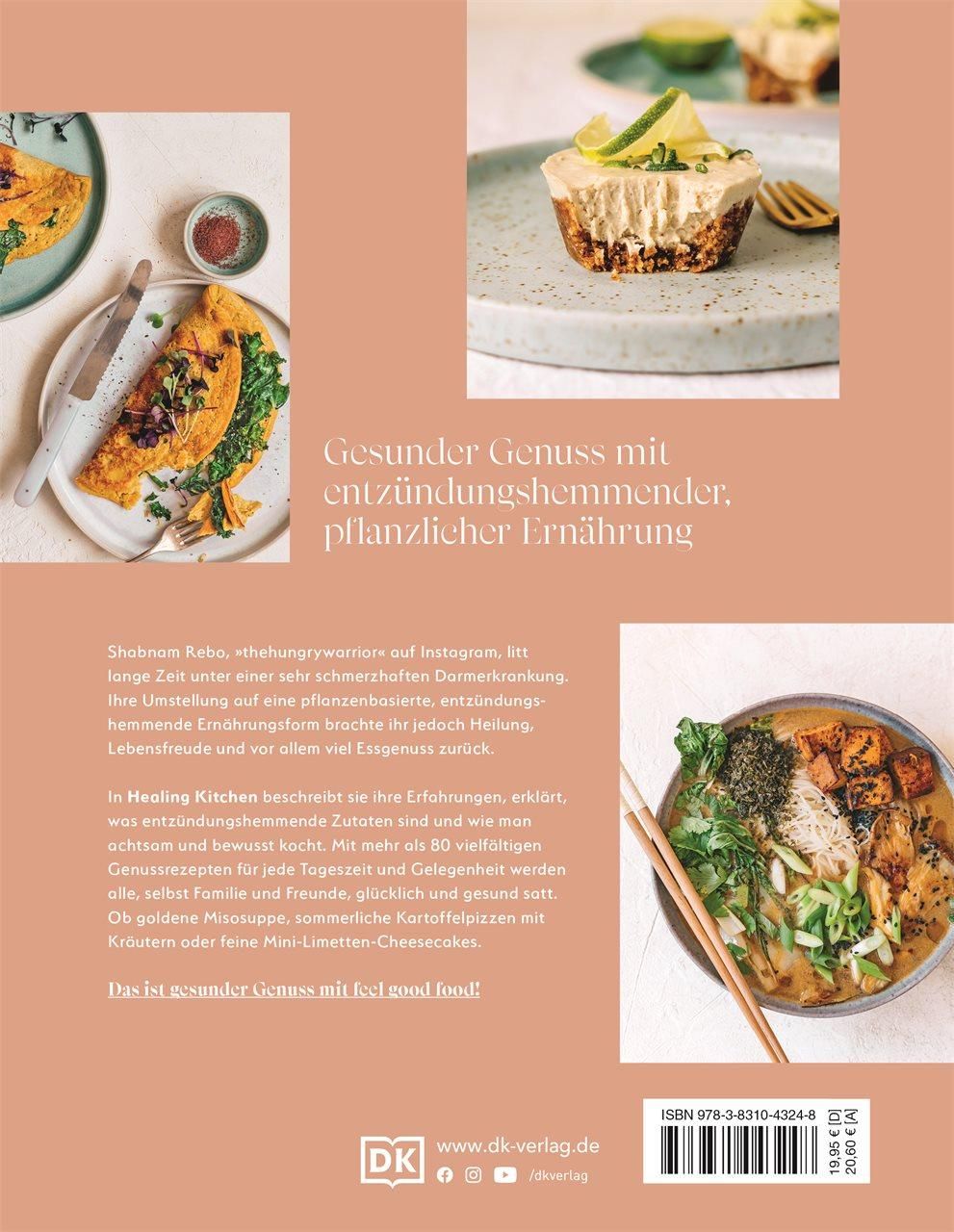 Buchrückseite von Healing Kitchen. Text und Fotos von Gerichten. Logo von DK Verlag.