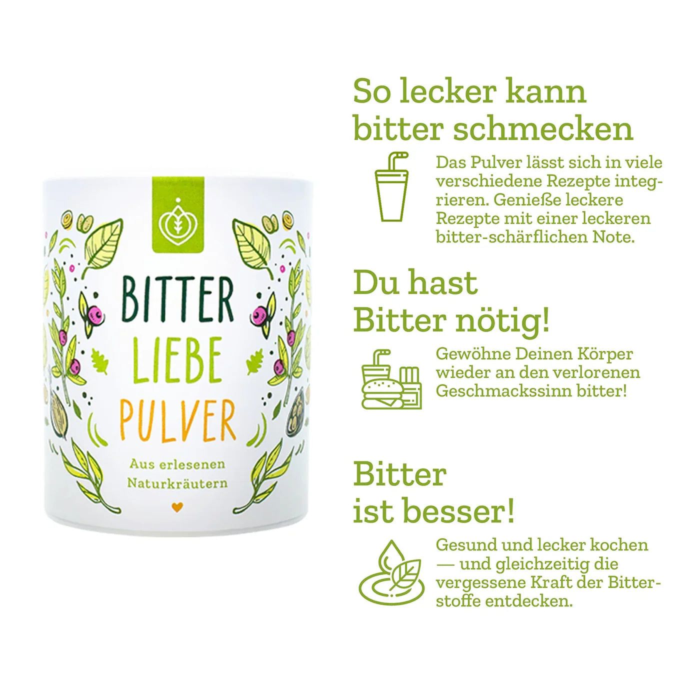 Weißer Becher mit BitterLiebe Pulver-Logo und Text. Text: Bitter ist besser! Du hast Bitter nötig!