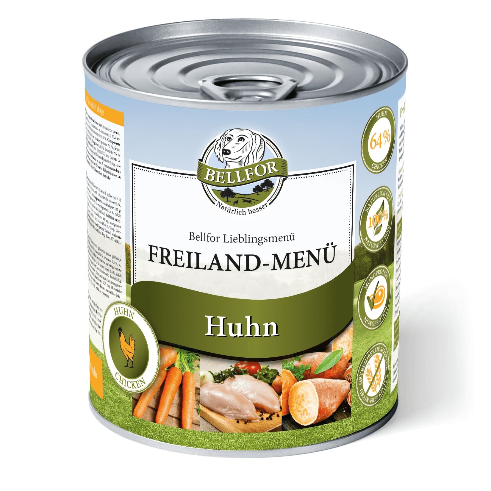 Bellfor Hundefutter Nass mit Huhn - Getreidefrei Freiland-Menü 800 g Futter