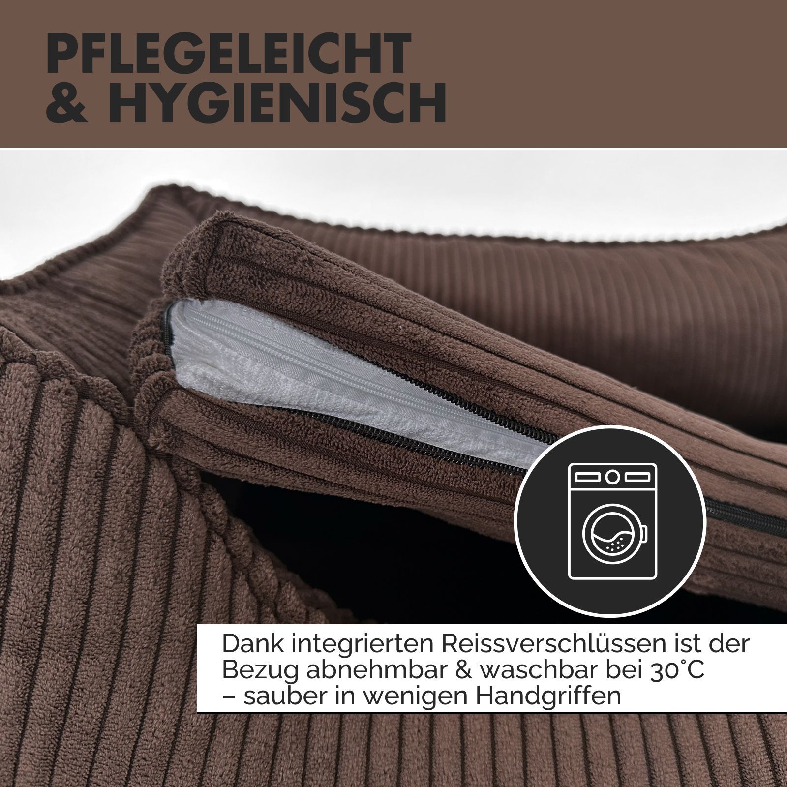 Braunes Hundebett mit geriffelter Oberfläche. Reißverschluss am Bezug. Text: Pflegeleicht & hygienisch. Waschmaschinen-Symbol.