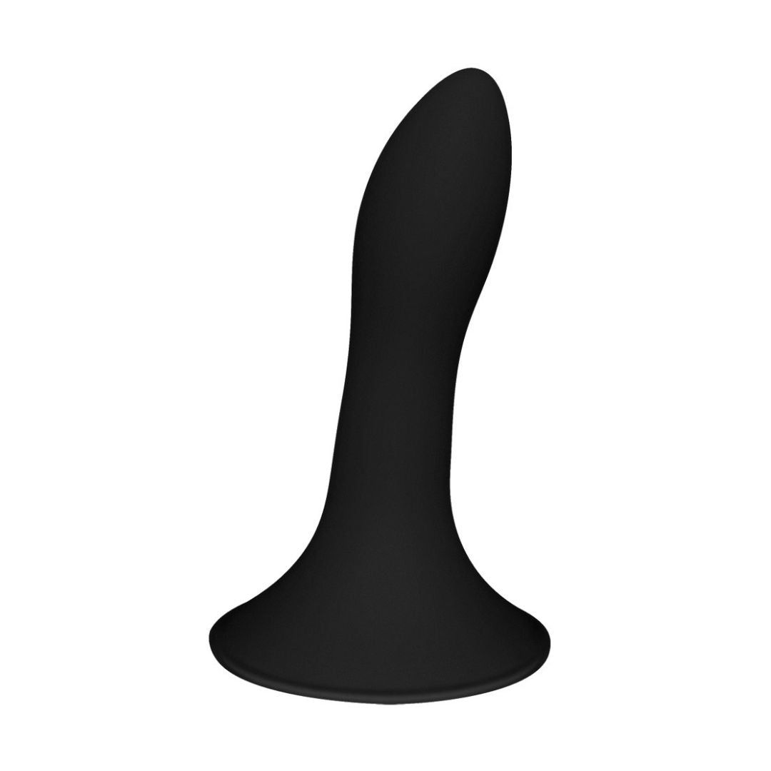 Schwarzer Dildo mit breiter Basis und geschwungener Form.
