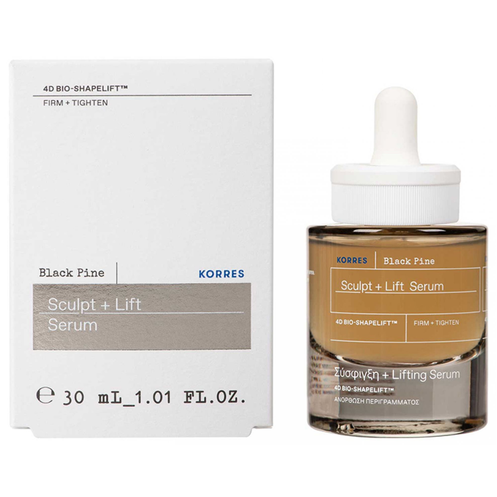 Korres Black Pine Sculpt + Lift Serum Flasche und Verpackung.