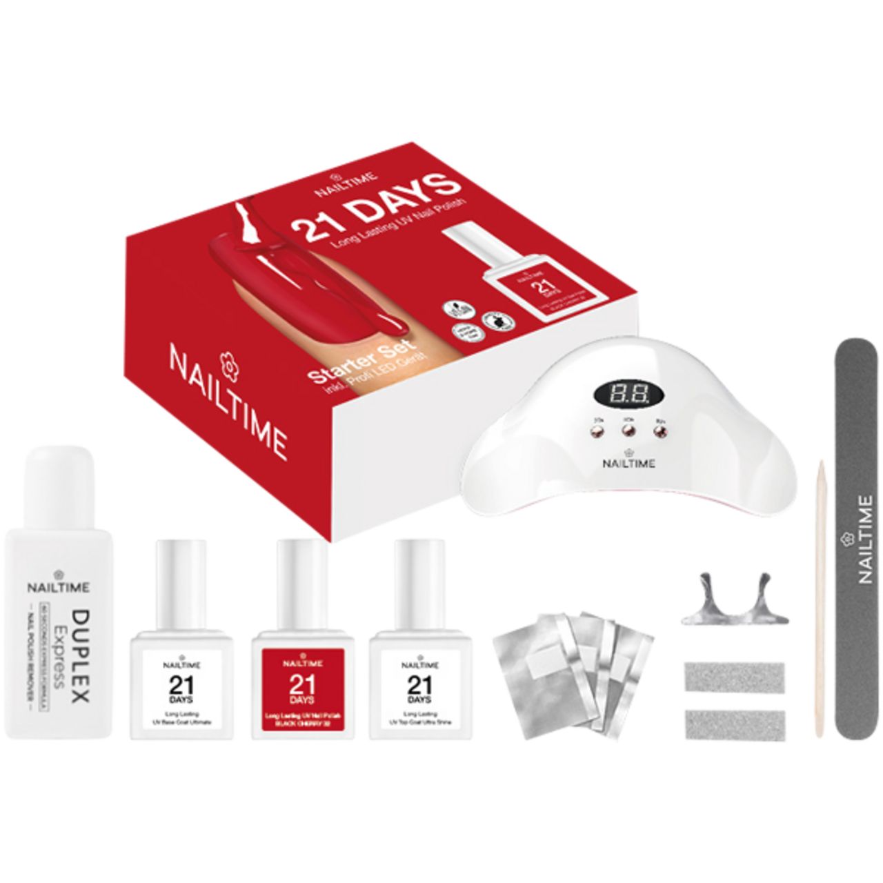 Nailtime 21 Days Starter Set 3. Rote Box mit Produktabbildung. UV-Lampe, Nagelfeile, Nagellacke, Pads, und Zubehör.