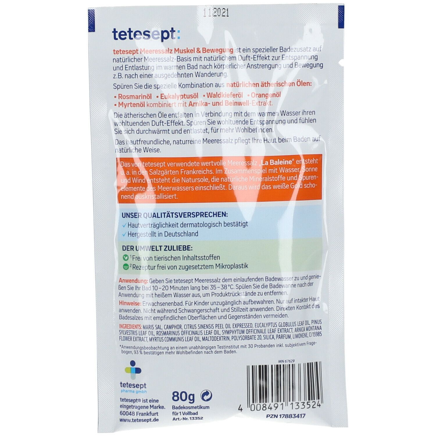 Rückseite der tetesept® Meeressalz Muskel & Bewegung Verpackung. Textinformationen, Inhaltsstoffe, Herstellerangaben und Qualitätsversprechen.