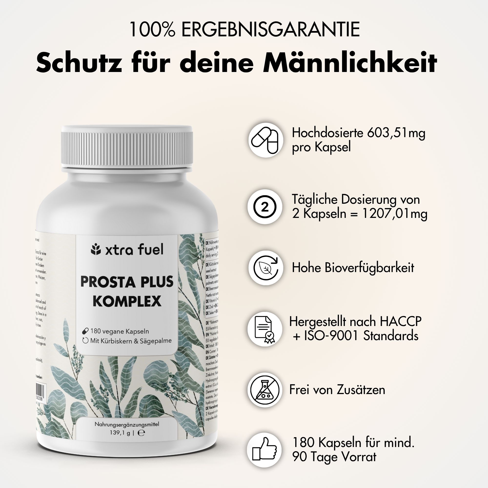 Flasche XTRA FUEL Prostata Komplex. Vorteile: Hochdosiert, 2 Kapseln täglich, hohe Bioverfügbarkeit, hergestellt nach HACCP & ISO-9001.