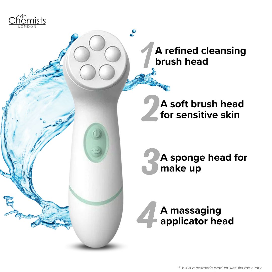 Körperreinigungsbürste mit fünf runden Aufsätzen. Text: "A refined cleansing brush head", "A soft brush head for sensitive skin", "A sponge head for make up", "A massaging applicator head".