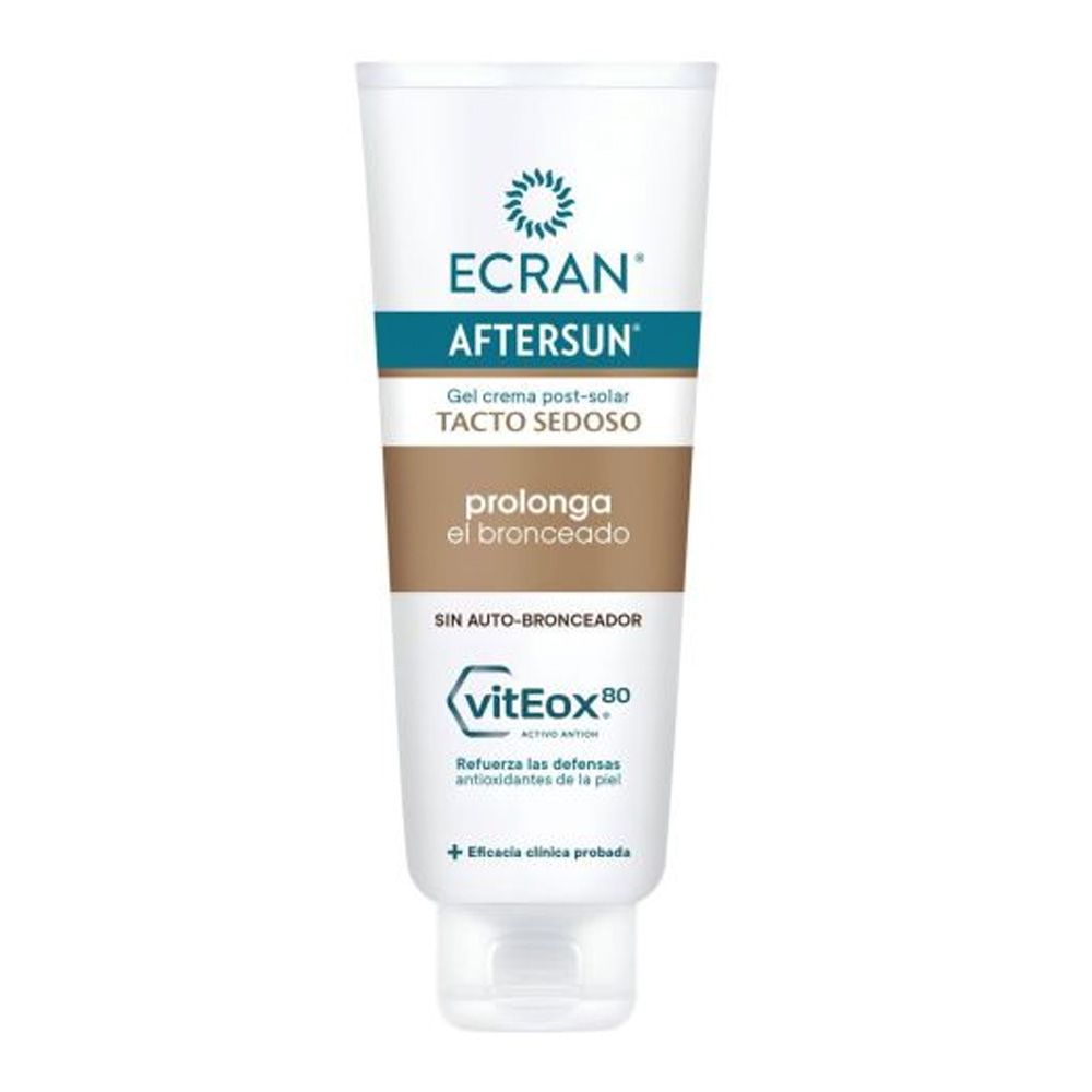 Creme-Tube mit Produktnamen ECRAN AFTERSUN. Text: Gelcreme post-solar, verlängert die Bräune, ohne Selbstbräuner.