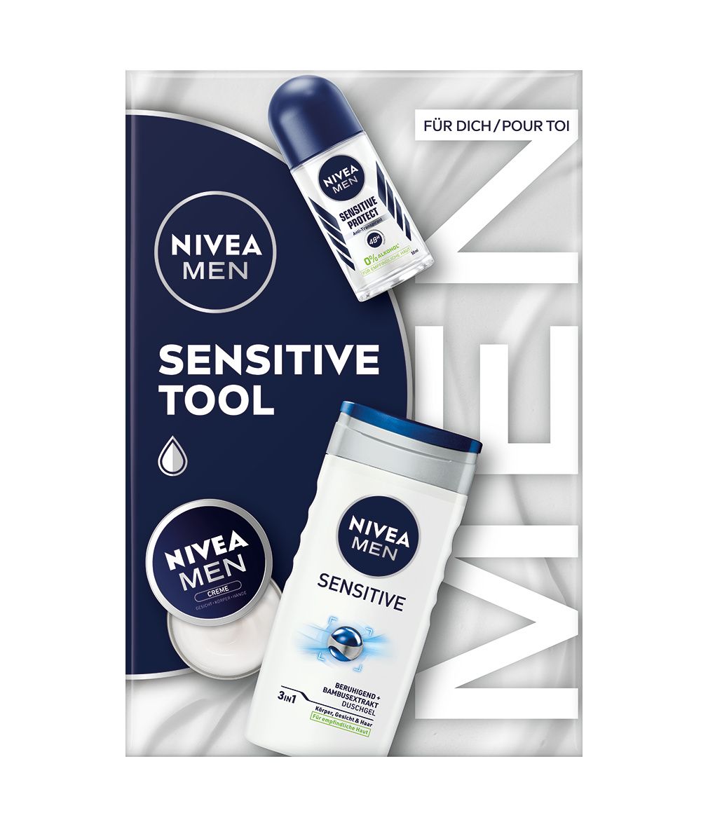 Geschenkset mit Duschgel, Roll-On und Creme. Produkte in weiß-blauer Verpackung. NIVEA MEN Sensitive Tool.