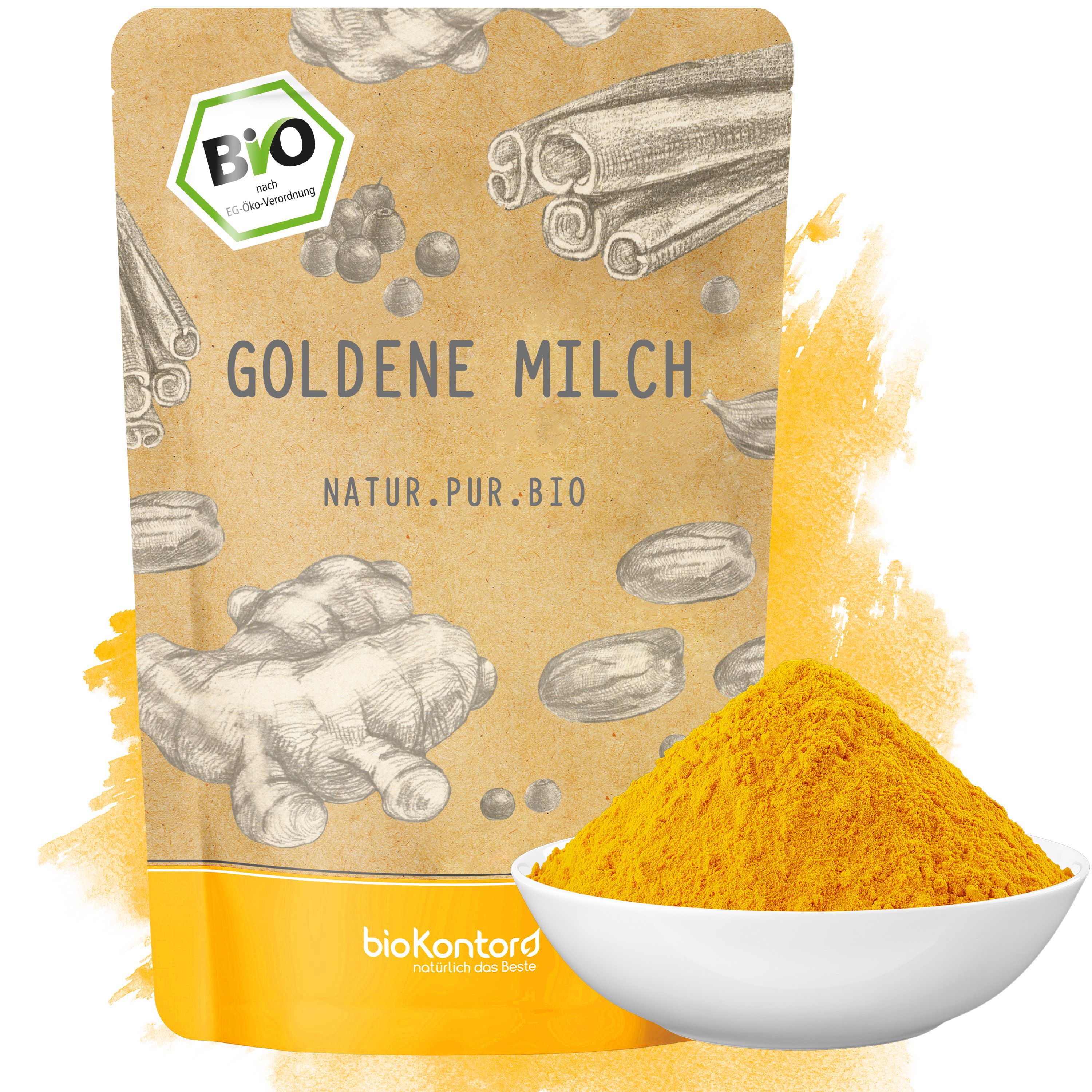 Bio-Kontor Goldene Milch Pulver in Schale, mit Ingwer, Zimt und Kardamom-Abbildung auf Tüte.