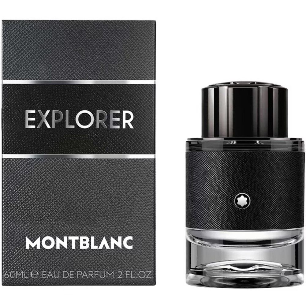 Montblanc Explorer Eau de Parfum Flakon und Verpackung. Schwarz, silberne Akzente. Aufschrift: Explorer, Montblanc, 60ml.