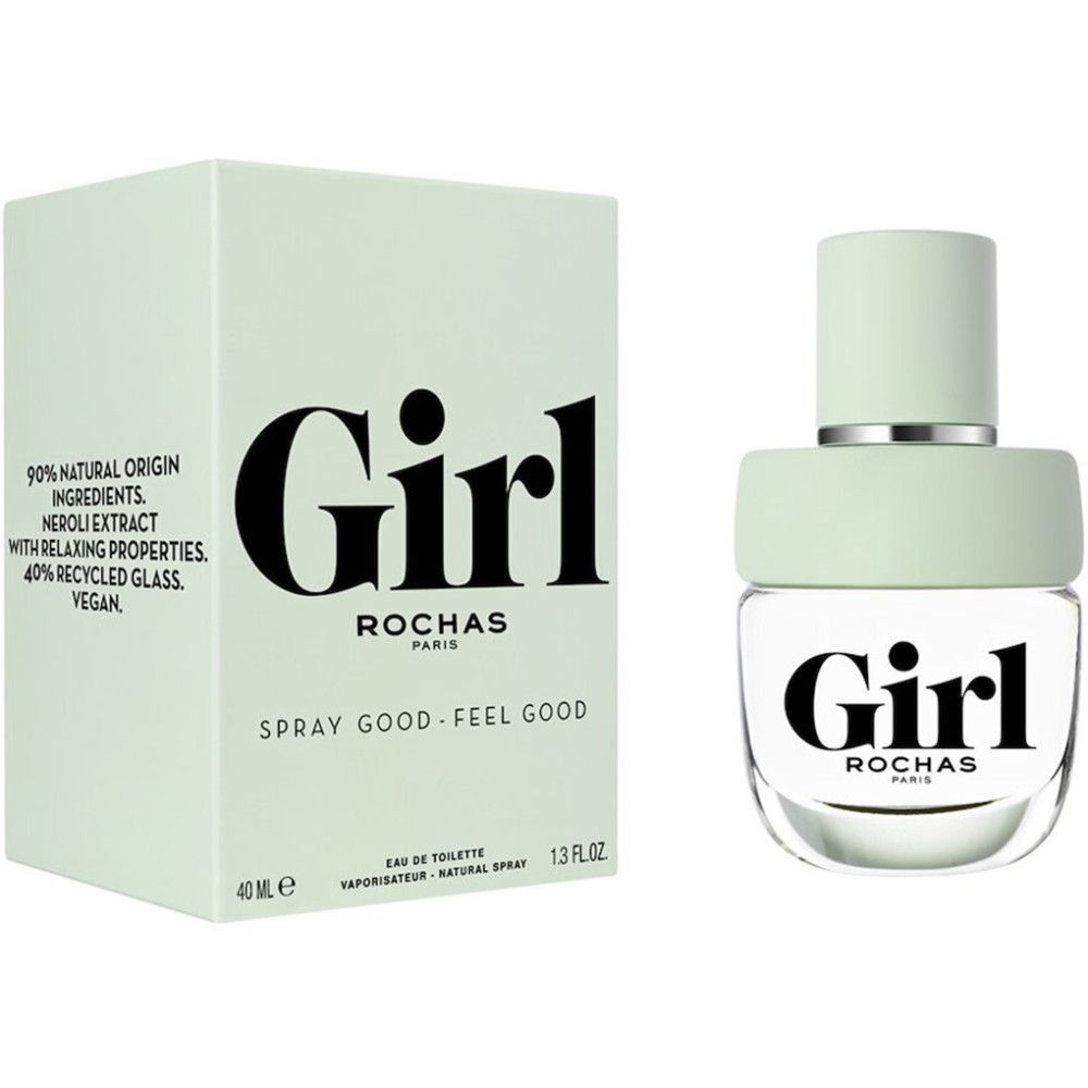 Hellgrüne Schachtel und Flakon. Aufschrift "Girl" und "Rochas". Flakon mit hellgrünem Verschluss. 40 ml.