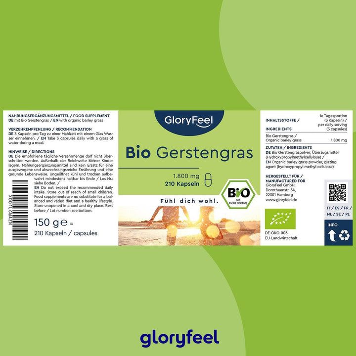Etikett mit Produktinformationen. Bio Gerstengras Kapseln, 1.800 mg, 210 Kapseln. Bio-Siegel. Marke: GloryFeel.
