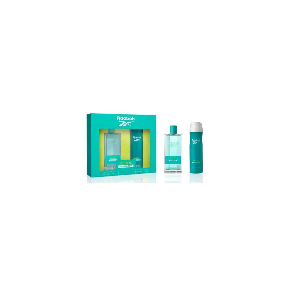 Reebok Cool Geschenkset. Enthält Eau de Toilette, Deodorant Spray und eine Geschenkbox. Türkis und Weiß. Text: COOL YOUR BODY.