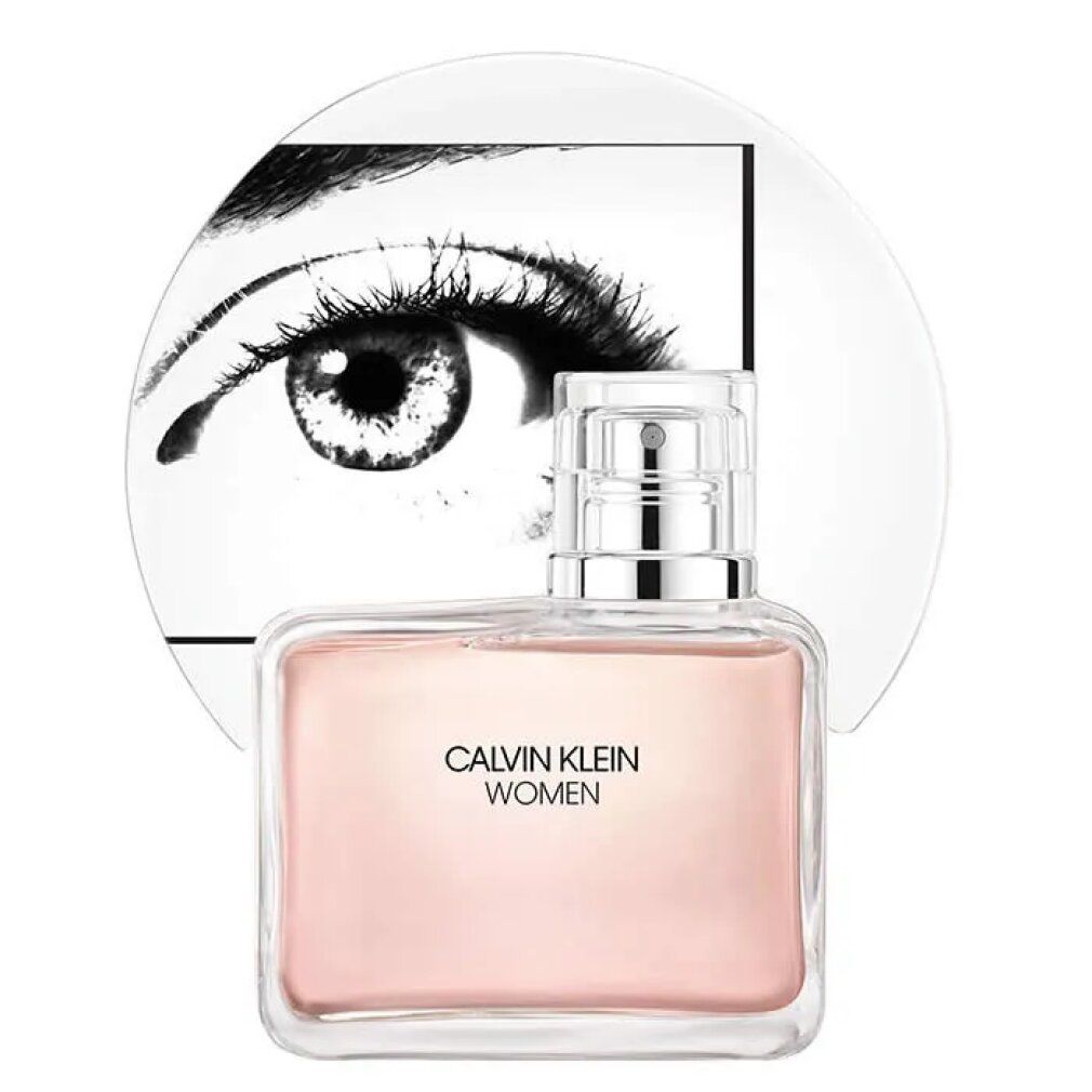 Glasflakon mit rosa Flüssigkeit. Aufschrift: CALVIN KLEIN WOMEN. Hintergrund: Auge-Illustration.