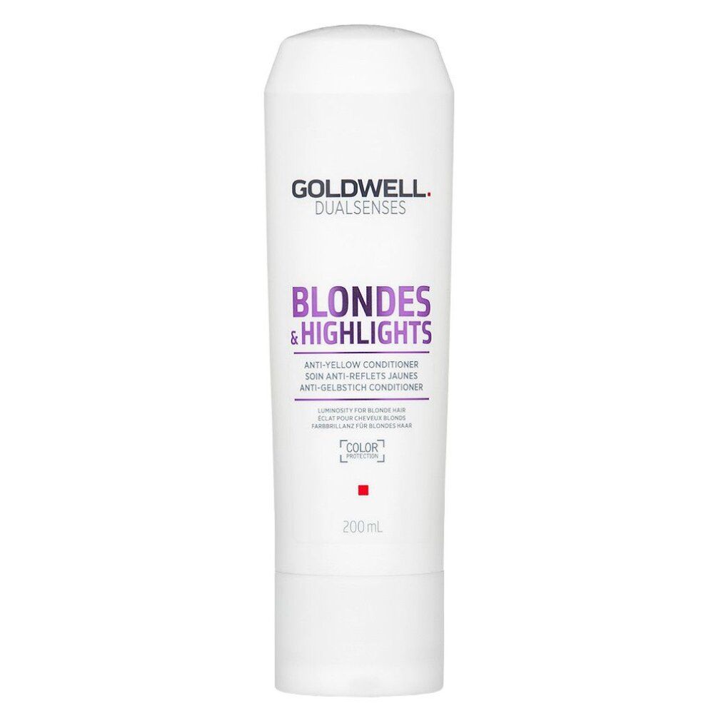 Weiße Tube Goldwell Blondes & Highlights Anti-Gelbstich Conditioner. Lila Text. 200ml.