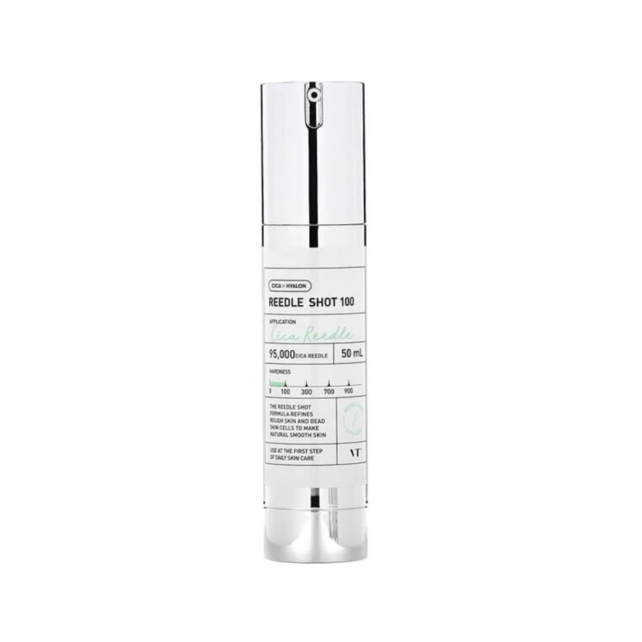 VT COSMETICS Reedle Shot 100 Serum Flasche mit silbernem Spender und Etikett.