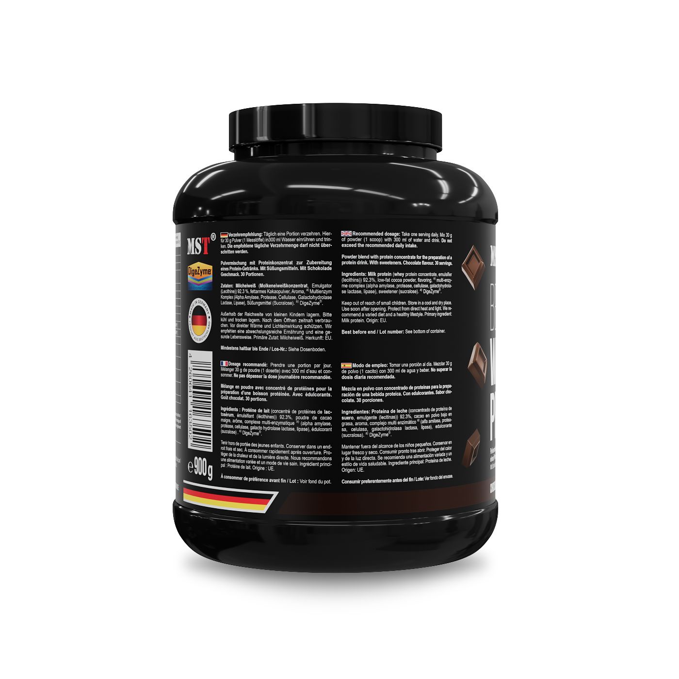 Schwarze Dose mit Text und Nährwertangaben. MST-Nutrition Logo. 900g. Text in Deutsch, Französisch, Italienisch. Schokoladenstückchen.