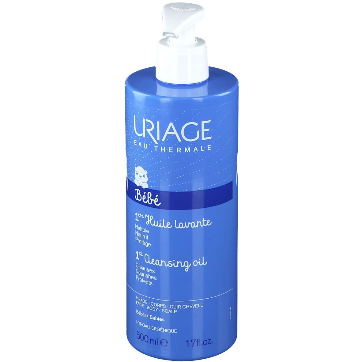 Flacone blu con dosatore bianco. Uriage Bébé 1er Huile lavante. Viso, corpo, cuoio capelluto. 500ml.