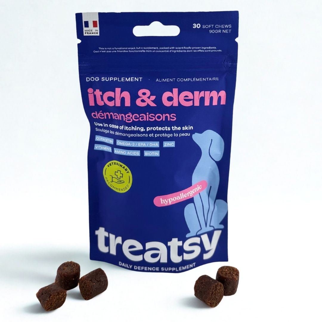 Blaue Tüte mit "itch & derm" und "Treatsy" Aufdruck. Enthält 30 Soft Chews. Mit 4 braunen Chews.