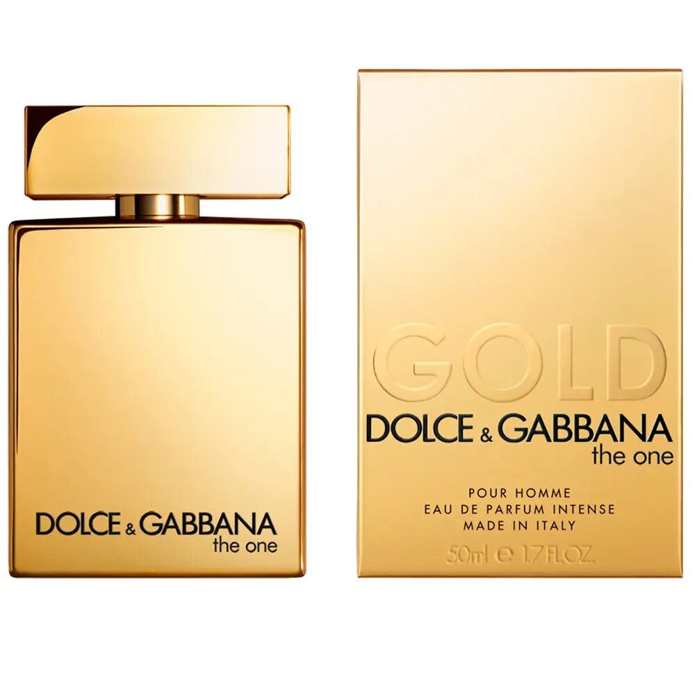 Goldfarbener Flakon und Verpackung. Aufschrift: Dolce & Gabbana the one. Eau de Parfum Intense. 50ml.