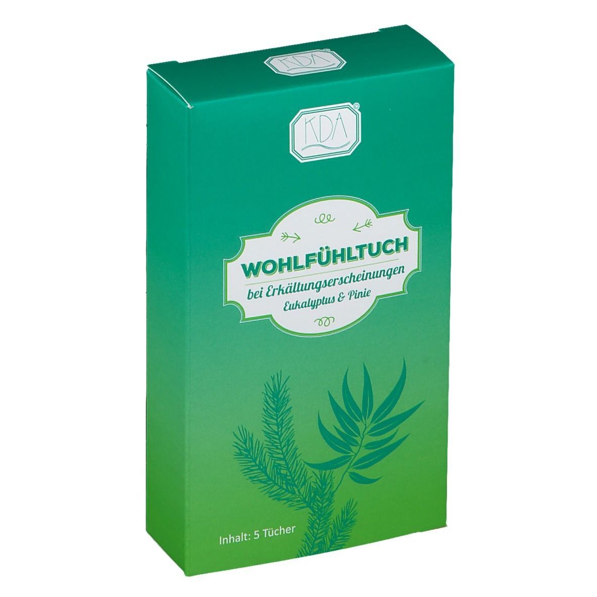 Grüne Verpackung mit Produktnamen und Logo. Enthält 5 Tücher. Aufdruck mit Pflanzenmotiv und Produktbezeichnung.