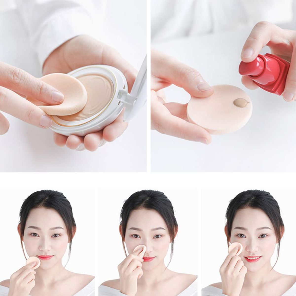 Eine Hand hält einen runden, beige Make-up-Schwamm, der mit Foundation bedeckt ist.