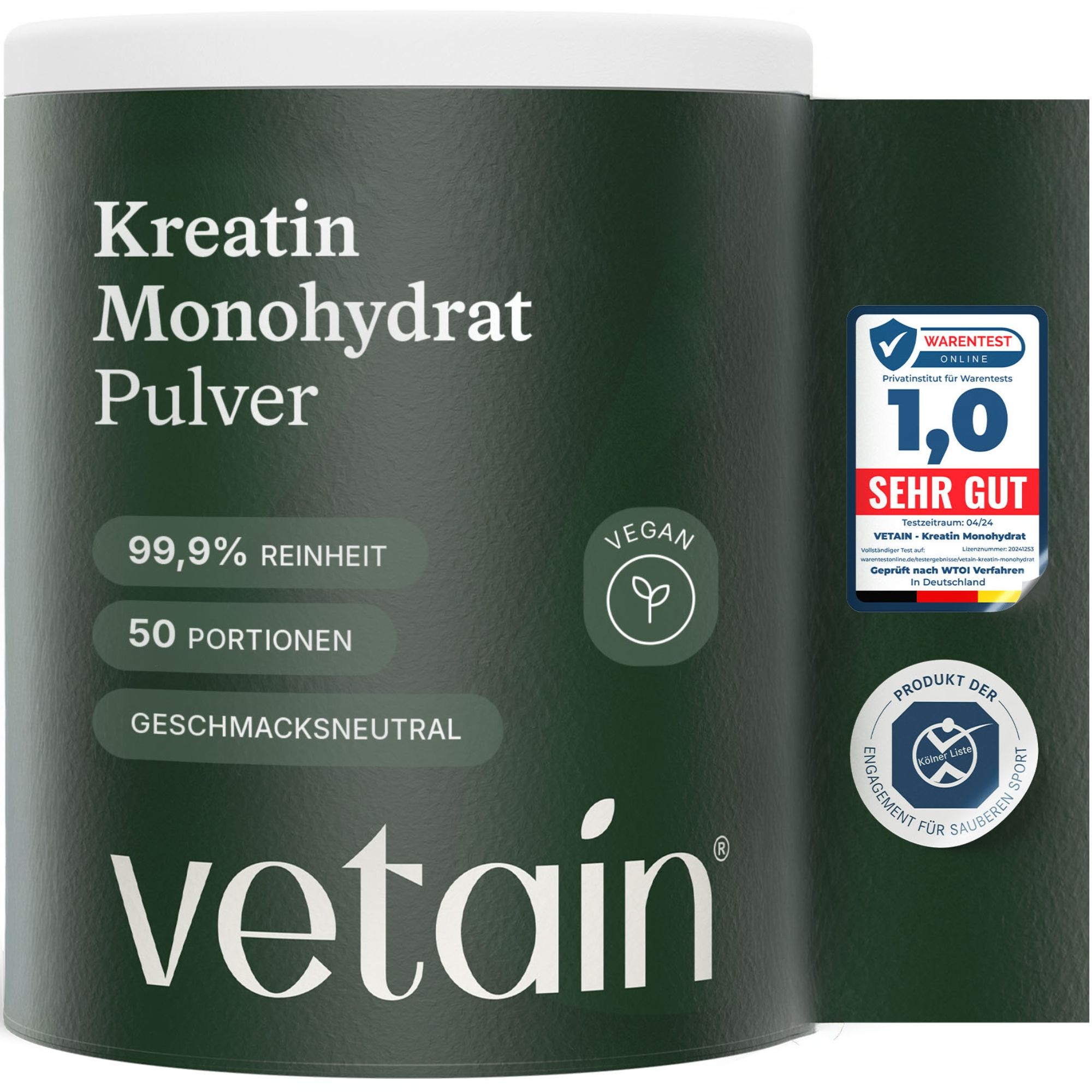 Dose Vetain Kreatin Monohydrat Pulver. 99,9% Reinheit, 50 Portionen, geschmacksneutral. Mit Vegan-Siegel und Warntest-Zertifizierung.
