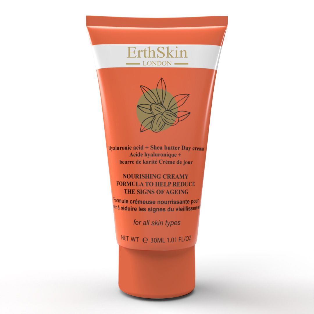 Orange Tube mit weißem Streifen. Text: ErthSkin London, Hyaluronsäure + Sheabutter Tagcreme. Produktansicht.