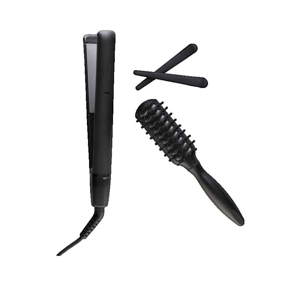 Schwarzes Glätteisen, Haarbürste und zwei Haarclips. Das Glätteisen hat eine schmale Form. Die Bürste hat einen Griff und Borsten.