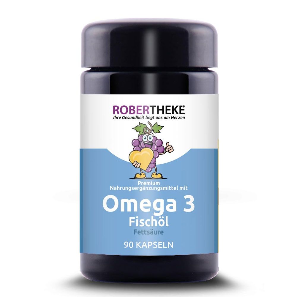 Dunkle Flasche mit Omega 3 Fischöl Kapseln. Aufschrift: ROBERTHEKE, Omega 3 Fischöl, 90 Kapseln. Abbildung einer Traube mit Herz.