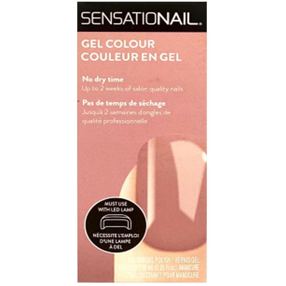 Sensationail Farb-Gel-Nagellack. Rosa Verpackung mit Produktabbildung. Text: Gel Colour, No dry time, Must use with LED lamp.