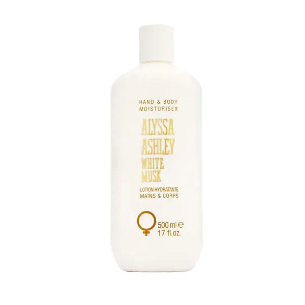Weiße Flasche "Alyssa Ashley White Musk Hand & Body Moisturiser". 500 ml. Mit Deckel.