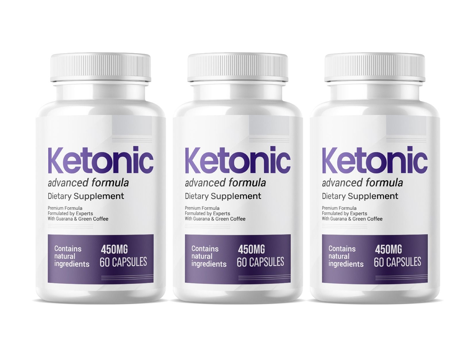 Drei weiße Flaschen mit lila Etiketten. Aufschrift: Ketonic, 450mg, 60 Kapseln. Nahrungsergänzungsmittel.