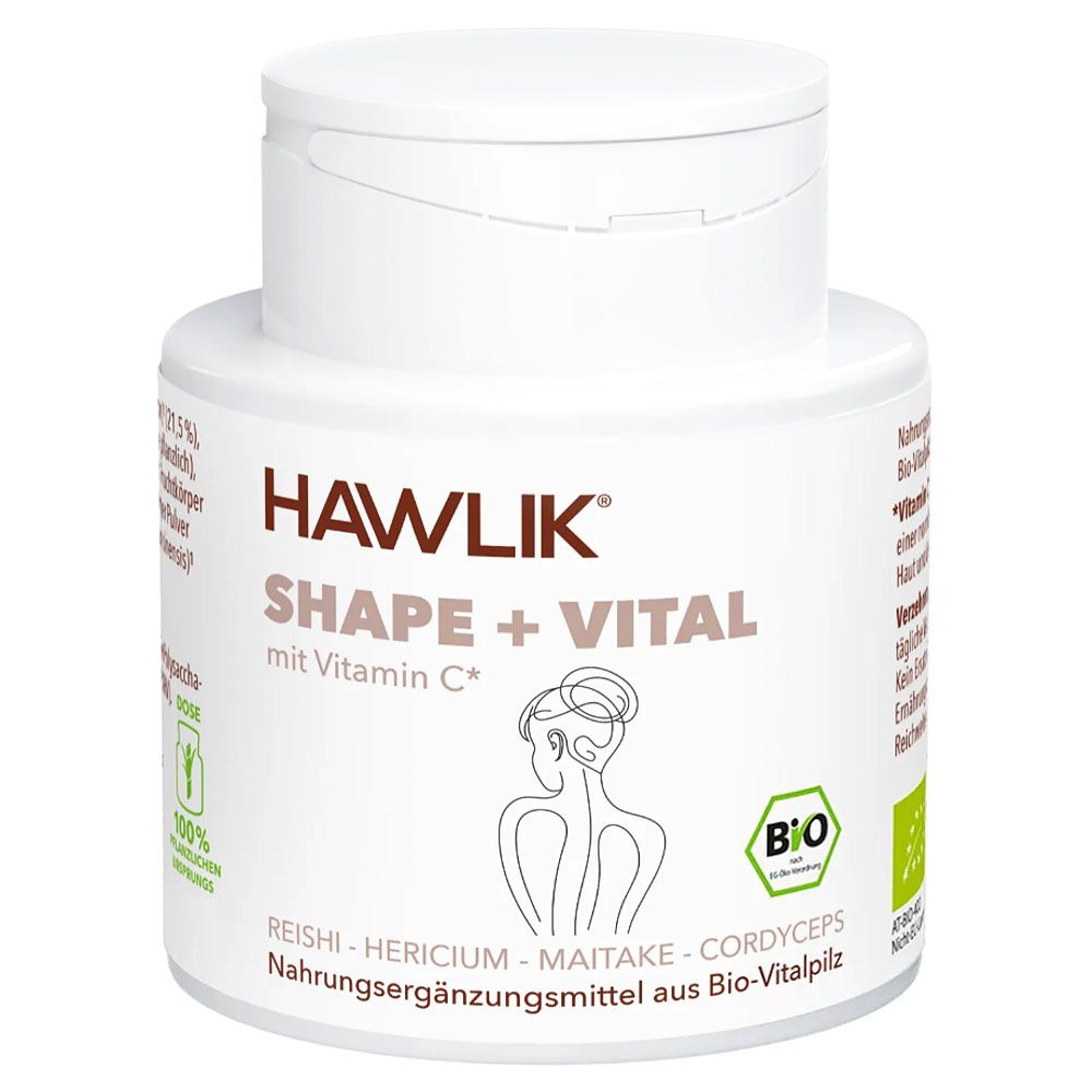 Weiße Dose mit Deckel. Aufschrift: HAWLIK SHAPE + VITAL mit Vitamin C. Bio-Siegel. Nahrungsergänzungsmittel aus Bio-Vitalpilz.