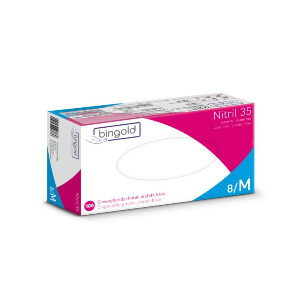 Verpackung von Bingold Nitril 35 Einweghandschuhen. Die Schachtel ist weiß, pink und blau. Aufgedruckt sind Produktname, Größe und Marke.