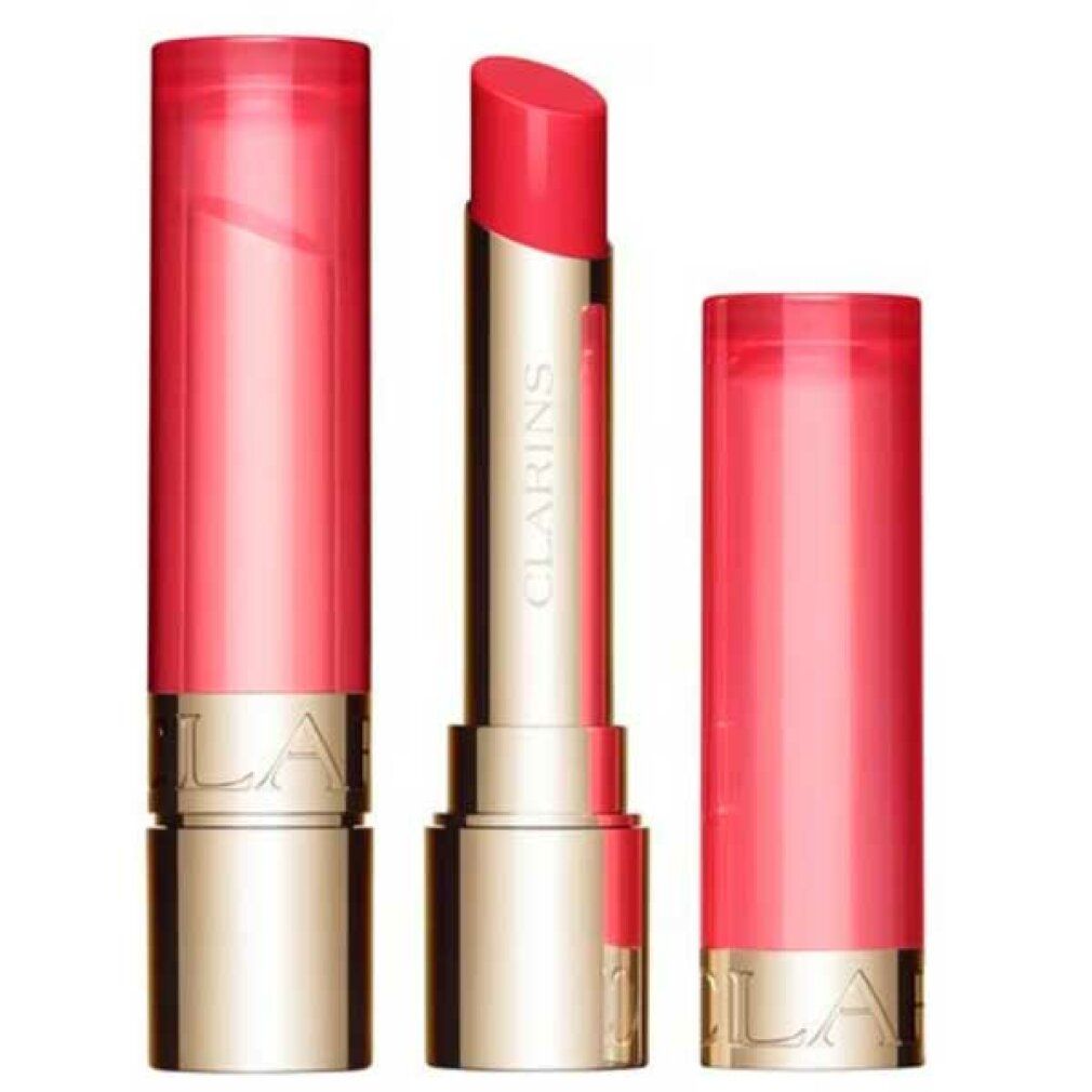 Lippenbalsam mit geöffneter und geschlossener Hülse. Goldfarbene Basis, transparente rosa Kappe. Aufschrift: CLARINS.